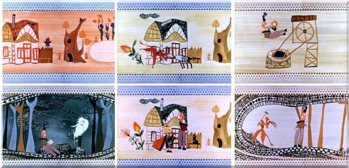 Rysunki postaci z bajki o Bulandrzei i diable w kolorowych, jaskrawych strojach na tle kopalnianych obiektów